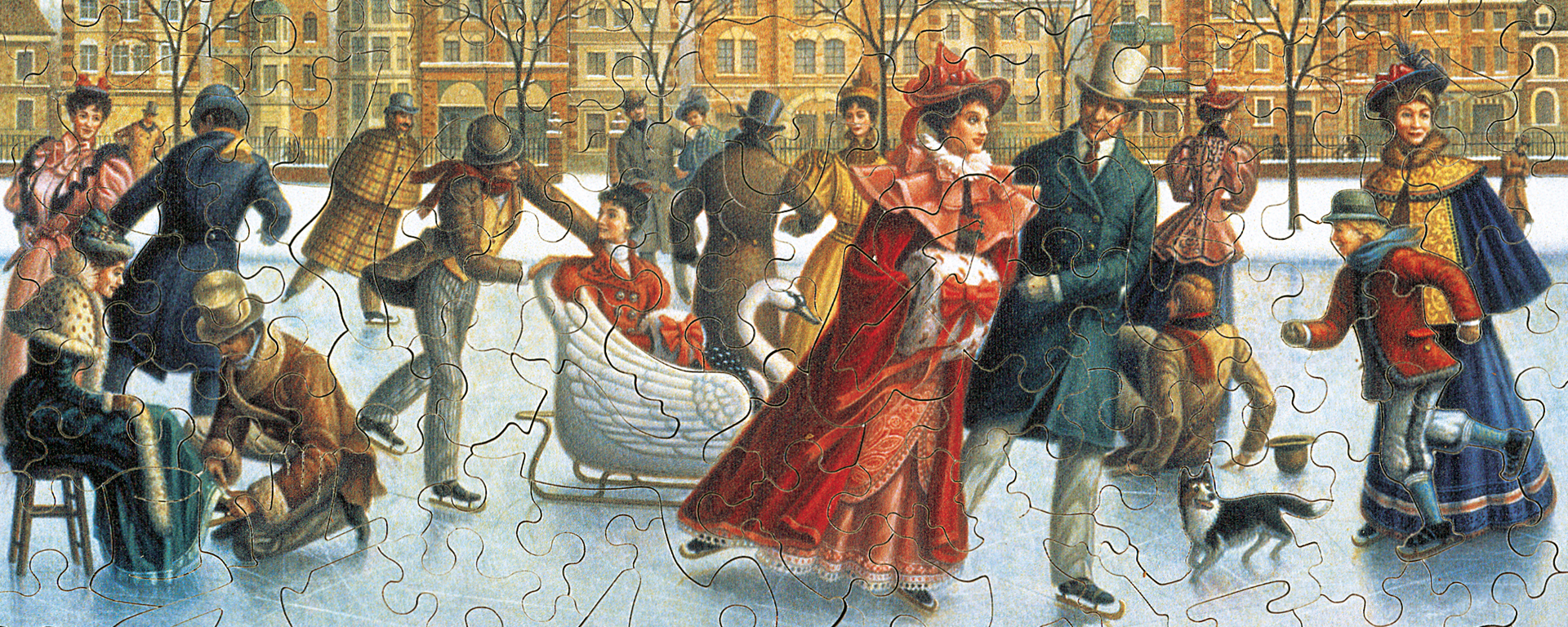 Wooden ice skating puzzle featuring Victorian skaters.