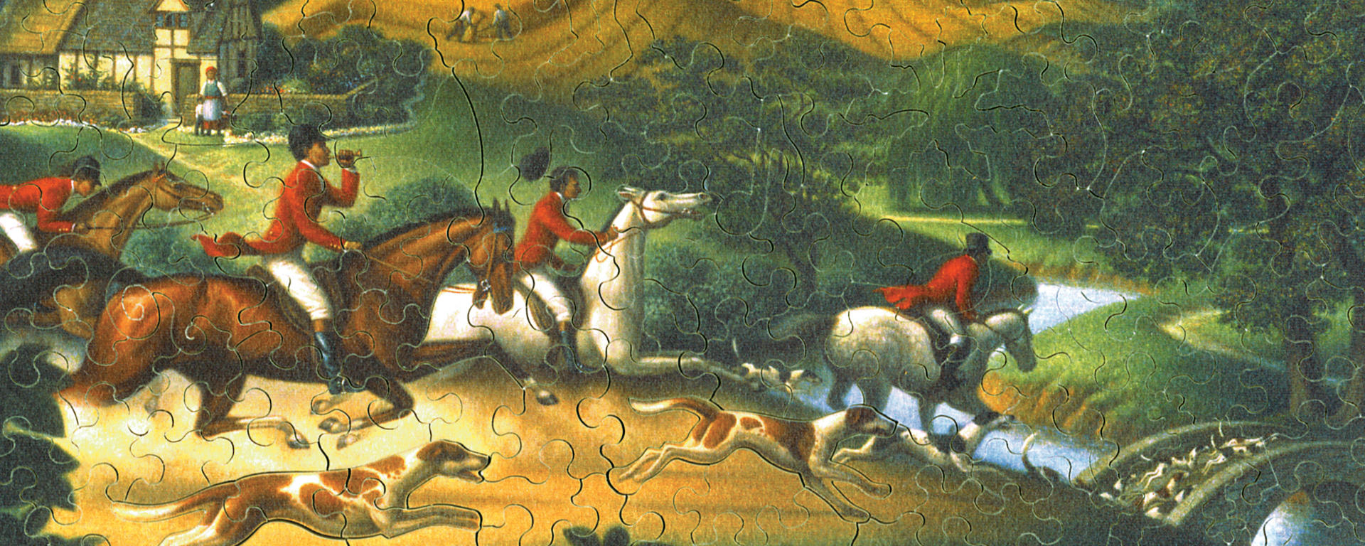 Wooden hunting puzzle depicting horseback riders and hunting dogs going down a dirt road towards a bridge.