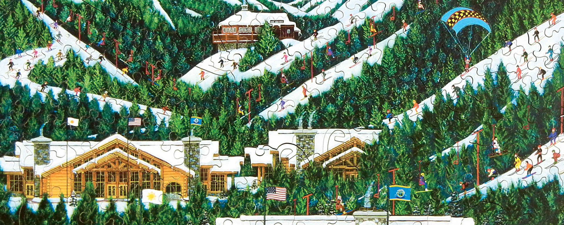 Wooden skiing puzzle depicitng a ski resort and ski slopes filled with skiers.