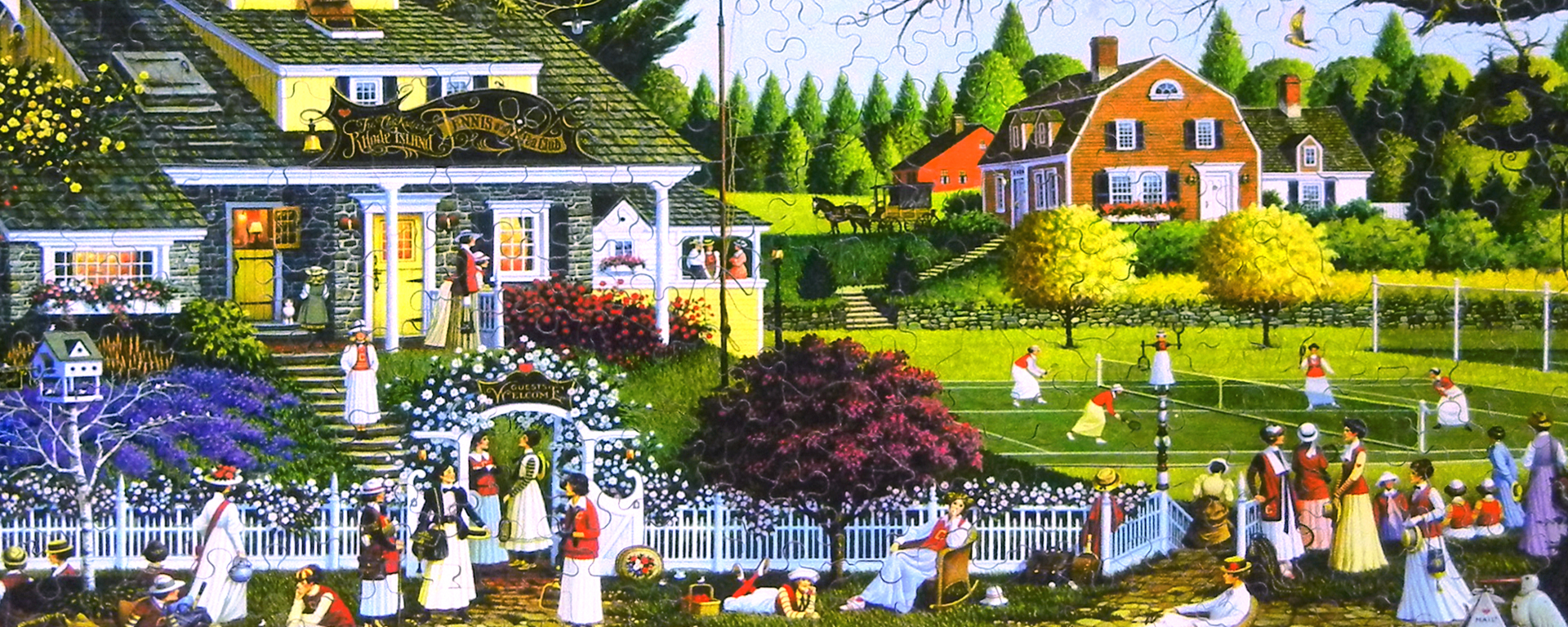 Wooden tennis puzzle of a Charles Wysocki painting featuring the Rhode Island Tennis Club in the past when women played in floor length dresses.