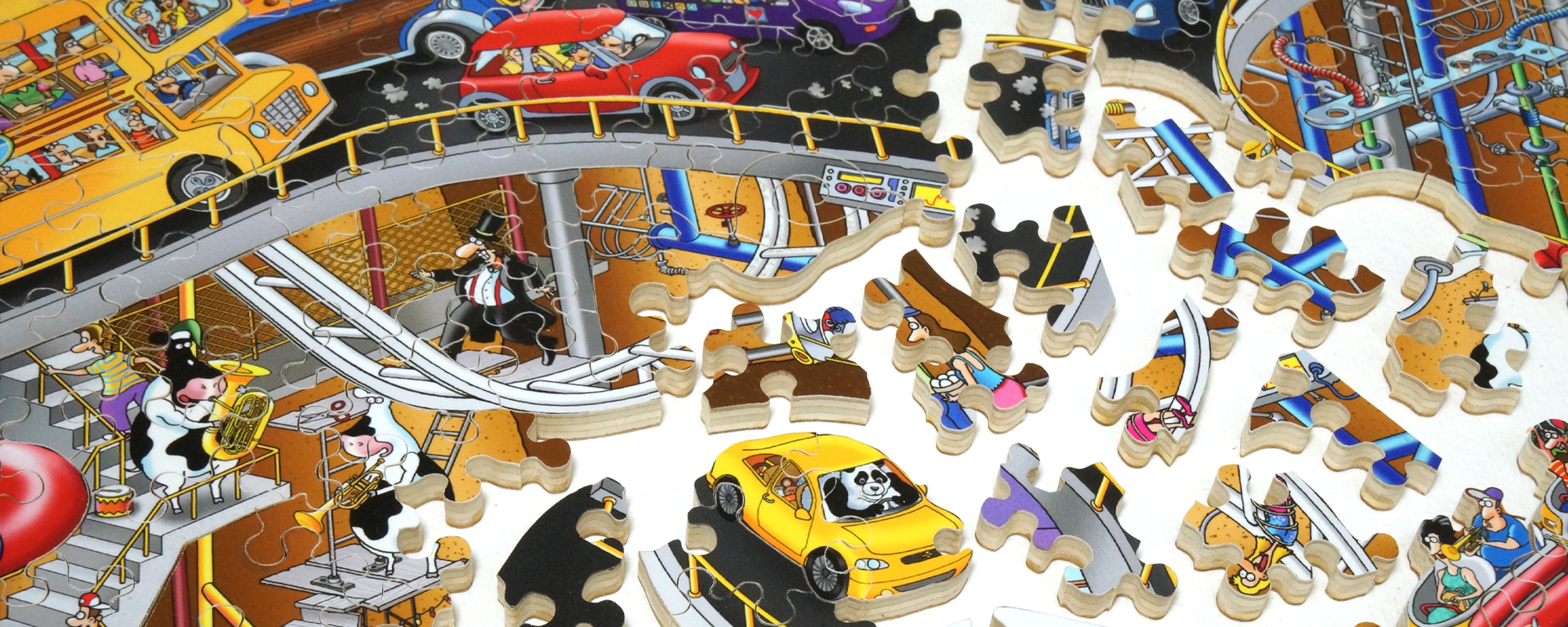 Wooden transportation puzzle in progress of animals driving cars from Steve Skelton's Moving Parts.