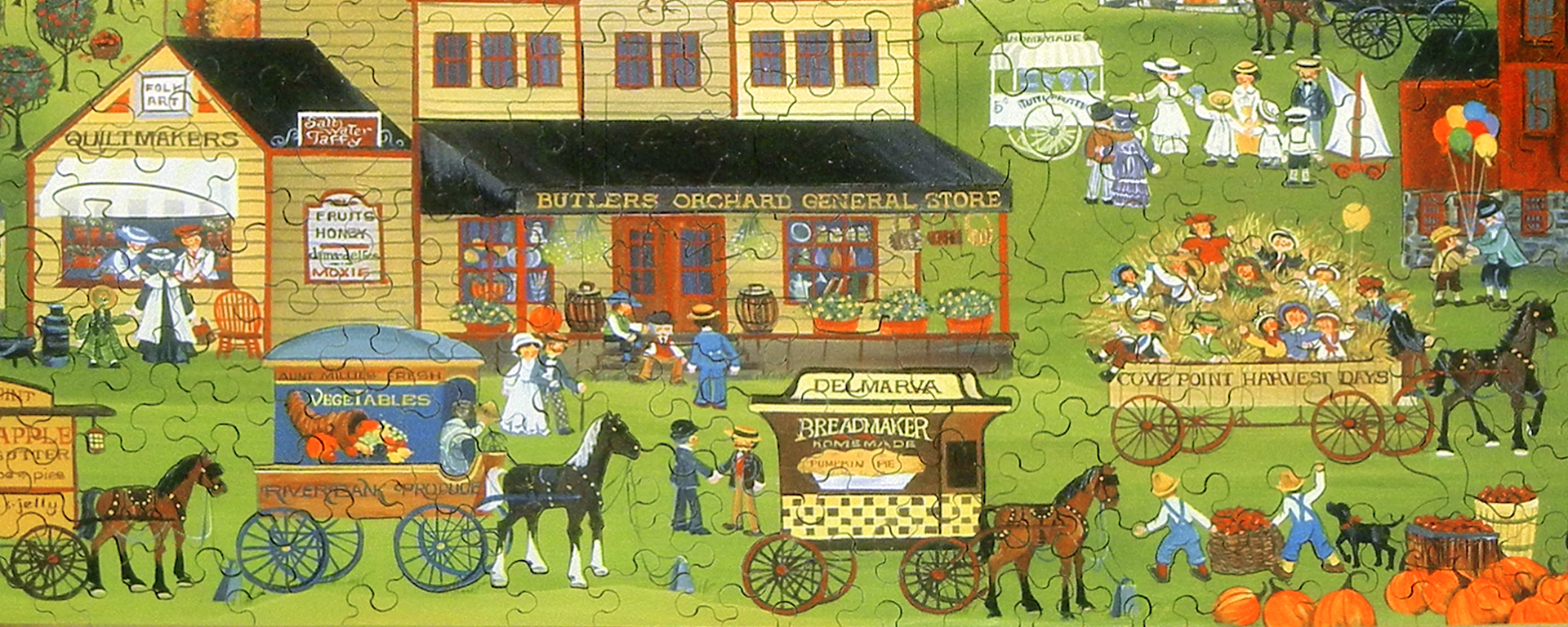 Wooden carriage puzzle depicting a Harvest Day in the past with horse drawn carriages displaying different foods in front of the general store.