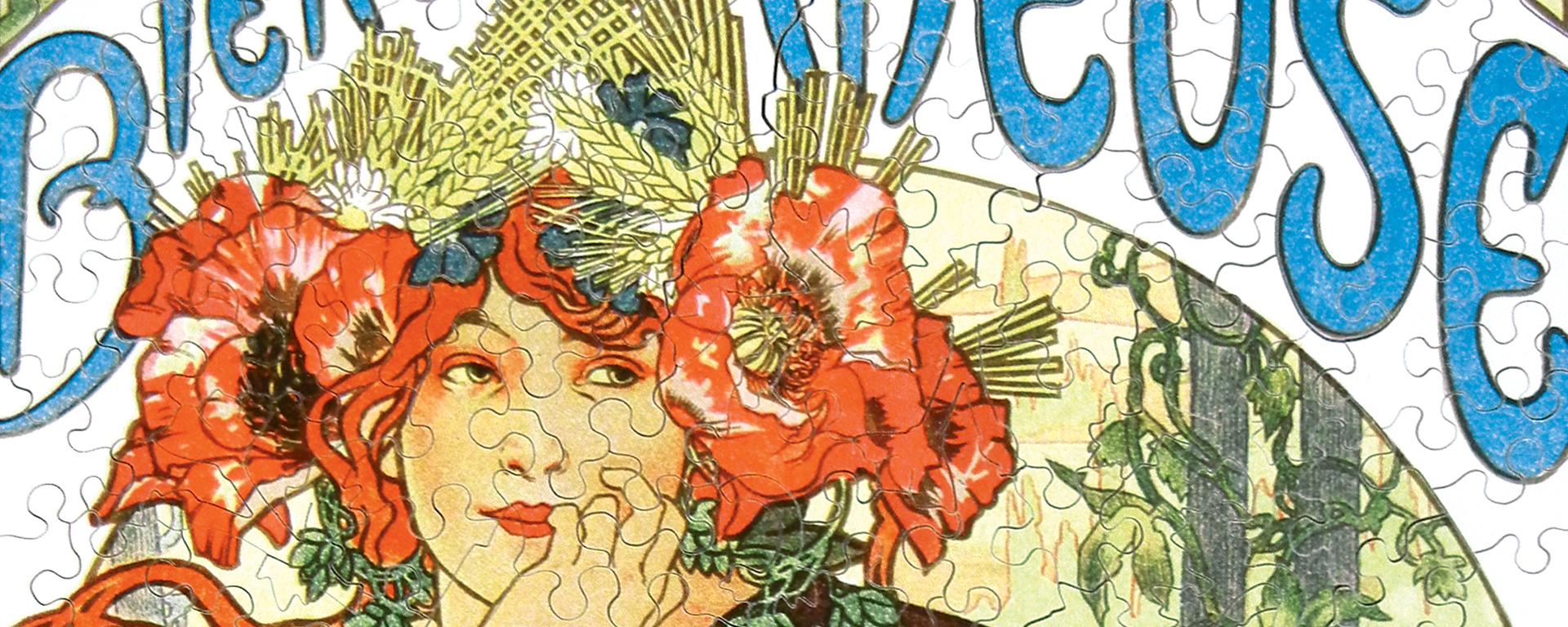 Wooden vintage poster puzzle featuring Bieres de la Meuse by Alphonse Mucha from 1897. A woman staring off into the distance wearing a flower crown of large red flowers, wheat, and daisies.
