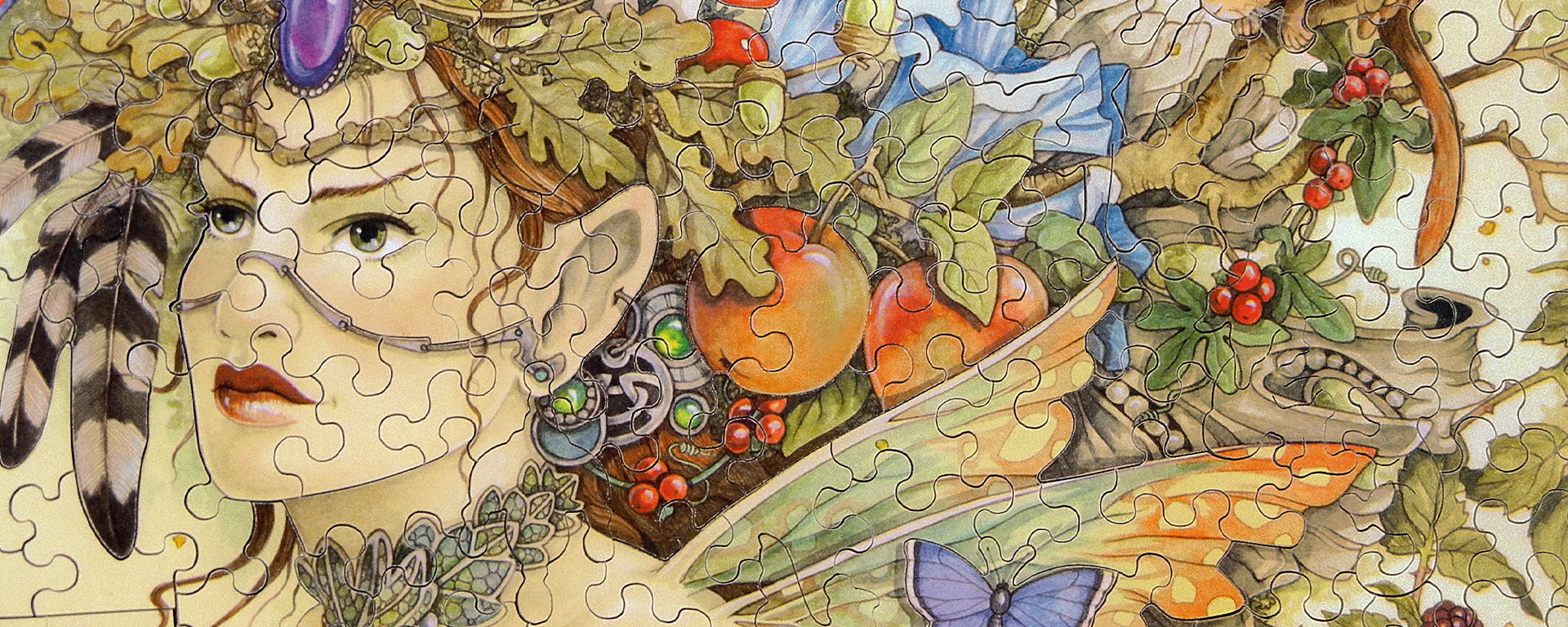 Wooden fairies, pixies, and gnomes puzzle depicting a close up of a fairy surrounded by feathers, leaves, fruit, acorns, bones, and more.