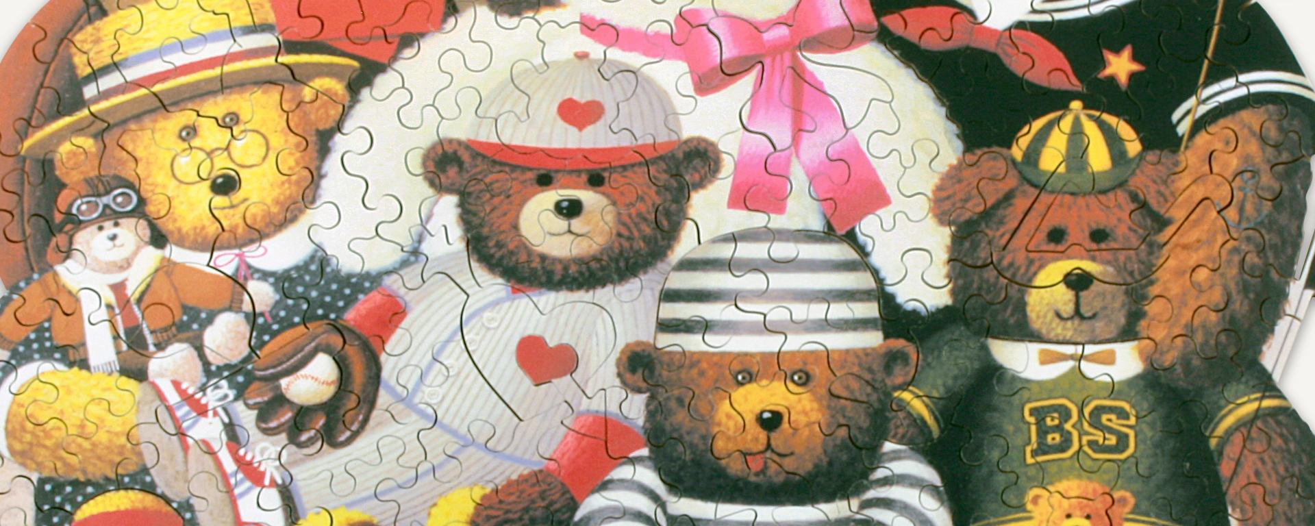 Wooden teddy bears puzzle featuring a variety of teddy bears in different sizes and outfits such as a pilot, prisoner, and a baseball player.
