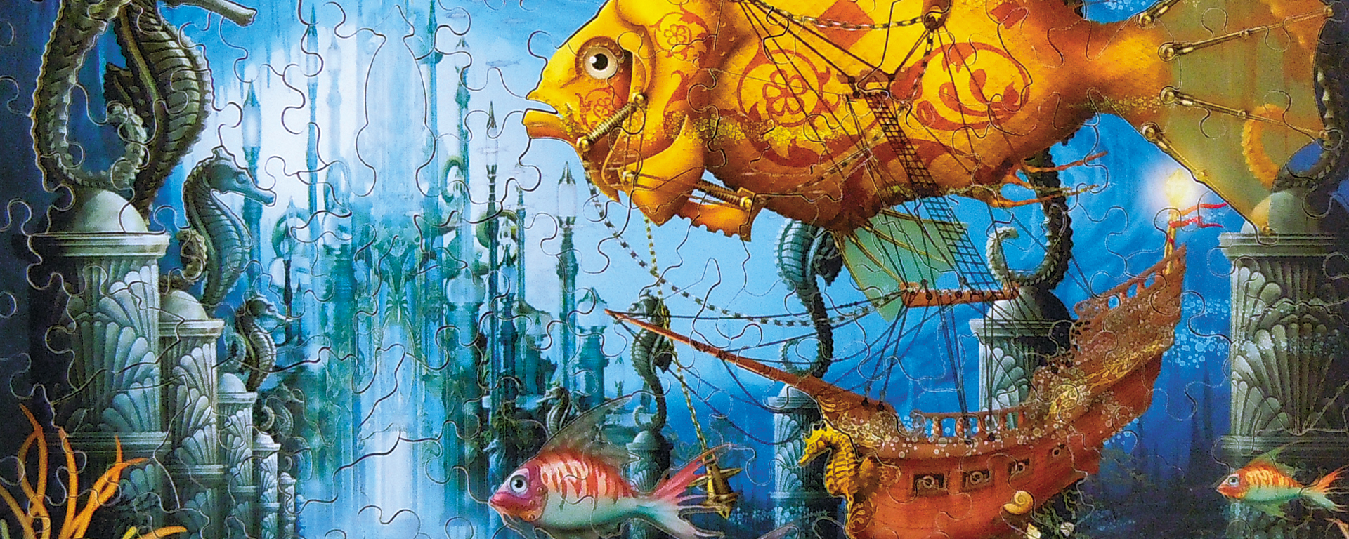Wooden whimsical and fantasy puzzle featuring Armada #2 by Ciro Marchetti. An art piece depicting a pirate ship with a big yellow fish as the sails in an underwater kingdom.