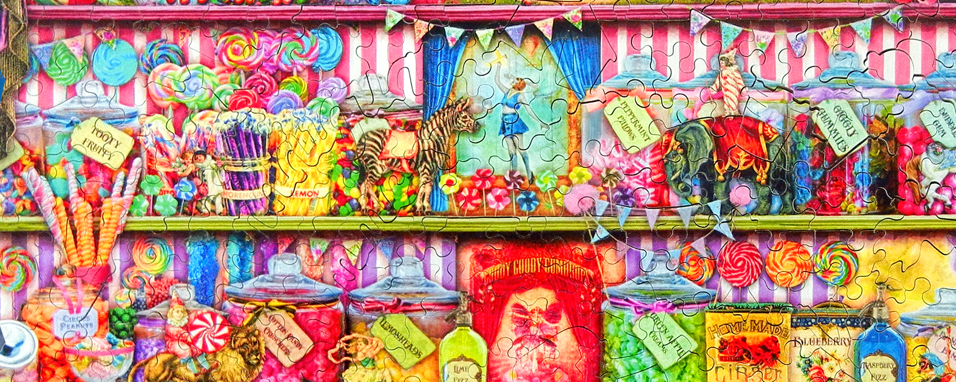 Wooden sweets puzzle a brightly colored candy counter filled with a varitery of different sweets in glass jars.