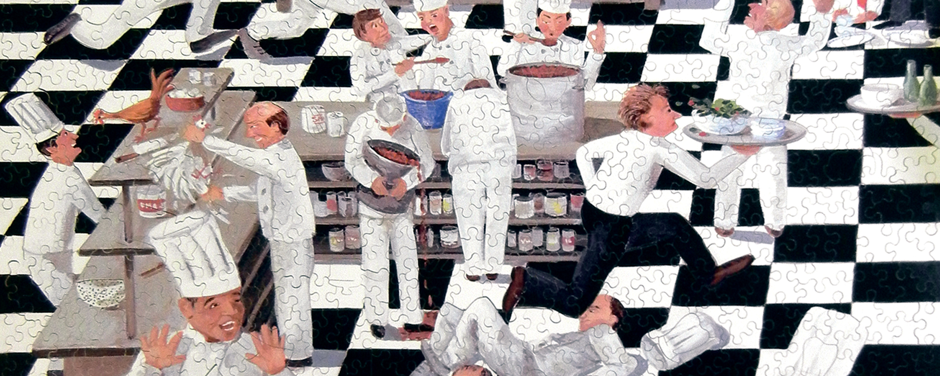 Wooden wine and dine puzzle depicting a very busy kitchen with black and white checkered floors. The kitchen is in chaos with chefs arguing, getting trampled, and running around frantically.