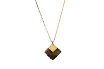 A bold combination of gold and gunmetal, the Sonya Necklace features one larger, hand-hammered square and a second smaller square linked together at a corner. Gold and gunmetal plated over sterling silver. Nickel free. Handmade in Brooklyn, NYC
 A bold combination of gold and gunmetal, the Sonya Necklace features one larger, hand-hammered square and a second smaller square linked together at a corner. Gold and gunmetal plated over sterling silver. Nickel free. Handmade in Brooklyn, NYC