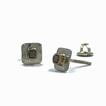 Square Silver Studs With A Cube Rough Cut Diamond Set in 14K Gold Square Silver Studs With A Cube Rough Cut Diamond Set in 14K Gold