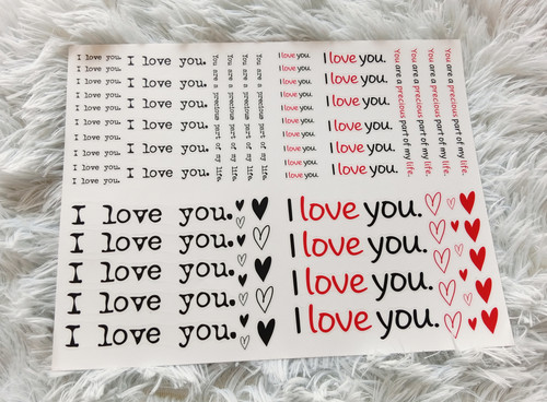 I love You - Phrasal Spread - Sticker Sheet - Typewriter and Handwriting Styles - Red and Black Hearts included