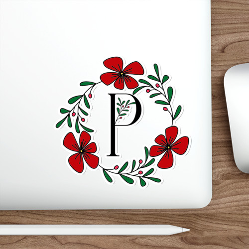 Red Florals - Letter C - Die-Cut Sticker - Laptop