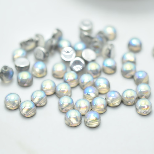 20 Beads - Cabochon 6mm 2-Hole Crystal Silver Rainbow, Czech Glass