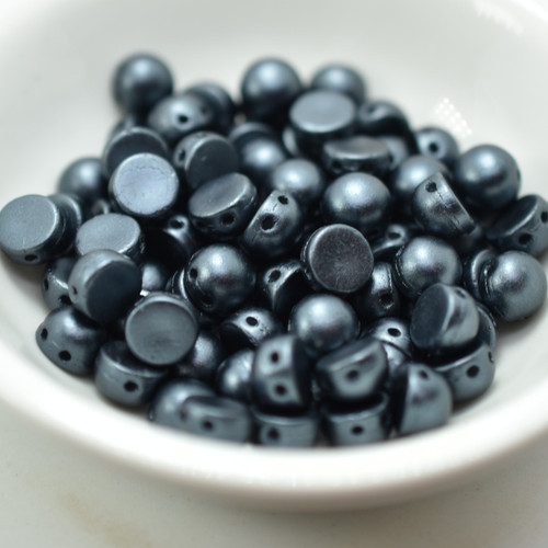 20 Beads - Cabochon 6mm 2-Hole Pastel Dark Grey, Czech Glass