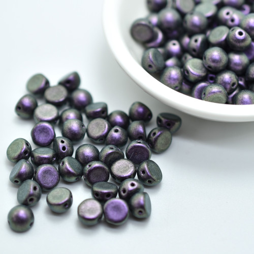 25 Beads - Cabochon 7mm 2-Hole Polychrome - Black Currant, CzechMates, Czech Glass