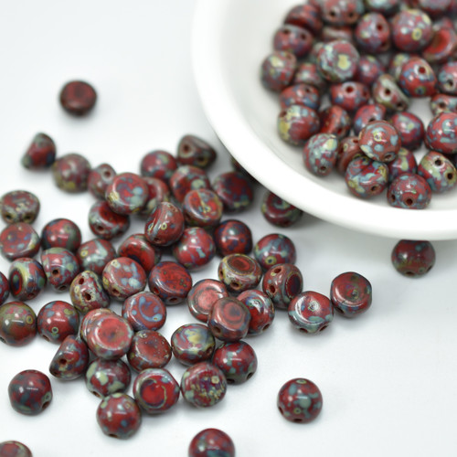 Cabochon 7mm 2-Hole Opq Red Picasso (25 beads) Czech Glass