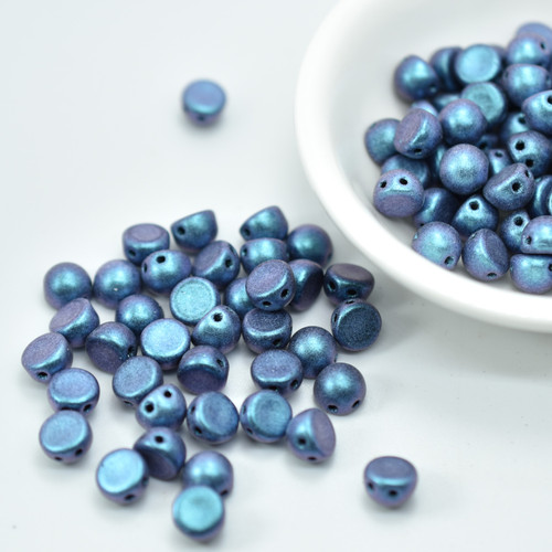 25 Beads - Cabochon 7mm 2-Hole Polychrome Indigo Orchid - Czech Glass