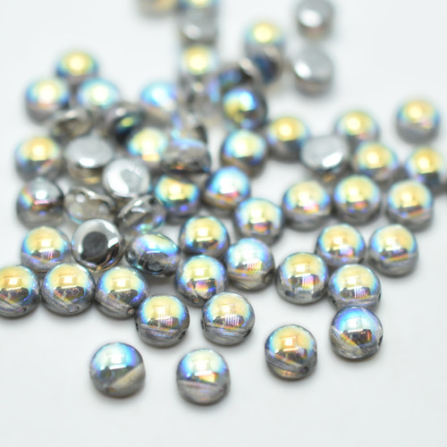 20 Beads - Cabochon 6mm 2-Hole Crystal Graphite Rainbow, Czech Glass