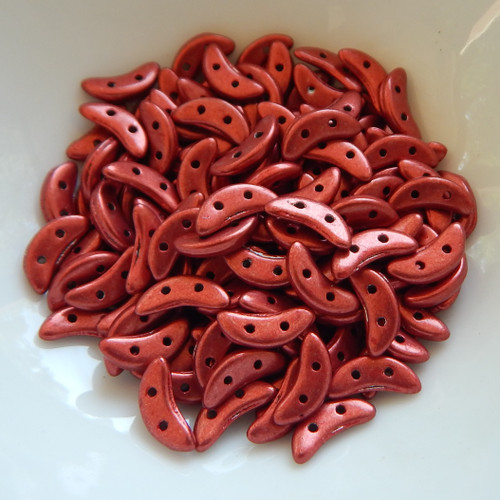 30 Beads - Crescent CzechMates 2-Hole - Saturated Metallic Cherry Tomato - Czech Glass