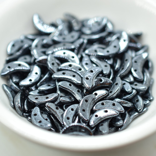 30 Beads - Crescent 2-Hole Beads - Jet Hematite - Czech Glass