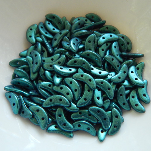 30 Beads - Crescent CzechMates 2-Hole - Satin Metallic Turquoise - Czech Glass