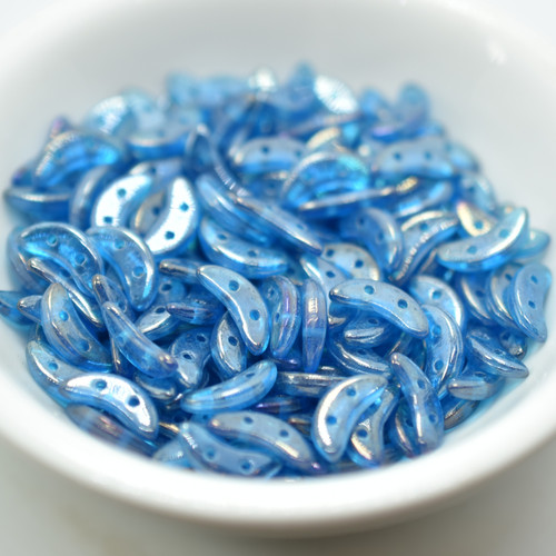 30 Beads - Crescent 2-Hole Beads - Luster Iris Capri Blue - Czech Glass