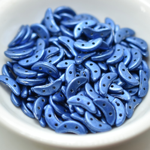 30 Beads - Crescent 2-Hole Beads, Saturated Metallic Navy Peony - Czech Glass