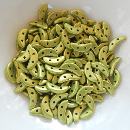 30 Beads - Crescent CzechMates 2-Hole Beads - Saturated Metallic Lime Punch - Czech Glass