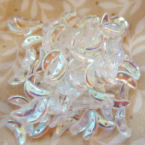 30 Beads - Crescent CzechMates 2-Hole Beads - Crystal AB - Czech Glass