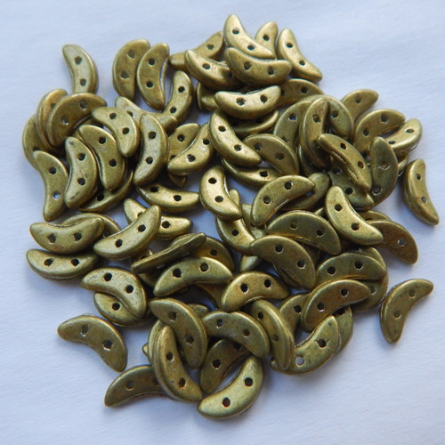 30 Beads - Crescent CzechMates 2-Hole Beads Saturated Metallic Yellow-Green