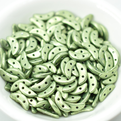 30 Beads - Crescent CzechMates 2-Hole Beads Saturated Metallic Greenery