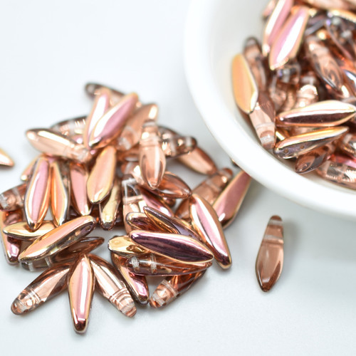 25 Beads - 2-Hole 5x16mm Dagger - Crystal Full Capri Rose - Czech Glass, CzechMates