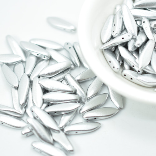 25 Beads - 2-Hole 5x16mm Dagger - Matte Metallic Aluminum Silver - Czech Glass