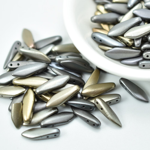 25 Beads - 2-Hole 5x16mm Dagger - Zinc Iris Grey - Czech Glass
