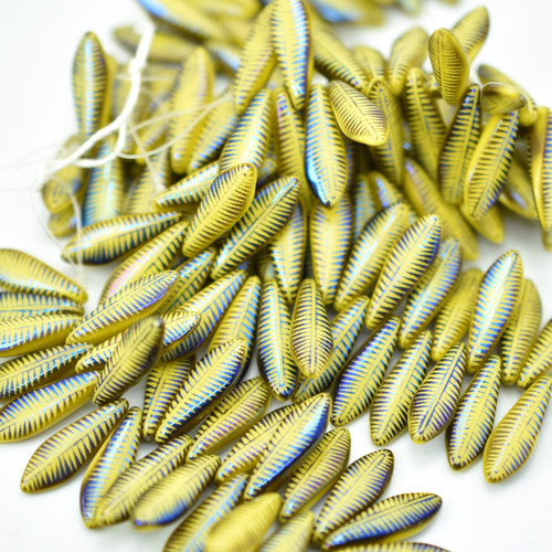 25 Beads - 5x16mm Dagger Opaque Yellow Feather, Laser - Czech Glass Beads