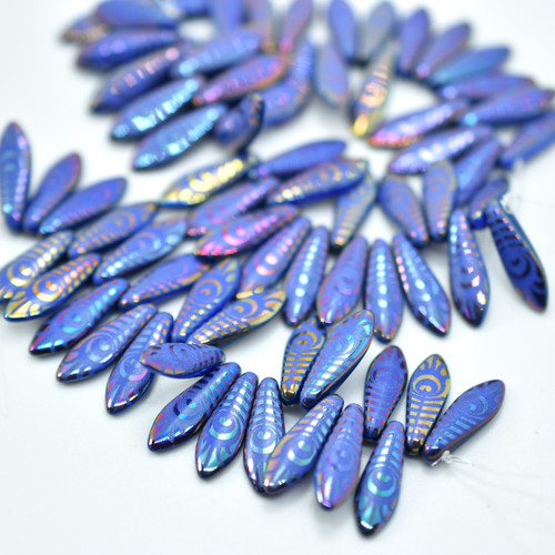 25 Beads - 5x16mm Dagger Opaque Royal Blue Eye, Laser - Czech Glass Beads