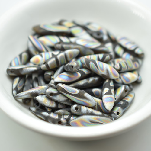 25 Beads 5x16mm Dagger, Matte Smoky Vitrail Stripe - Czech Glass, CzechMates