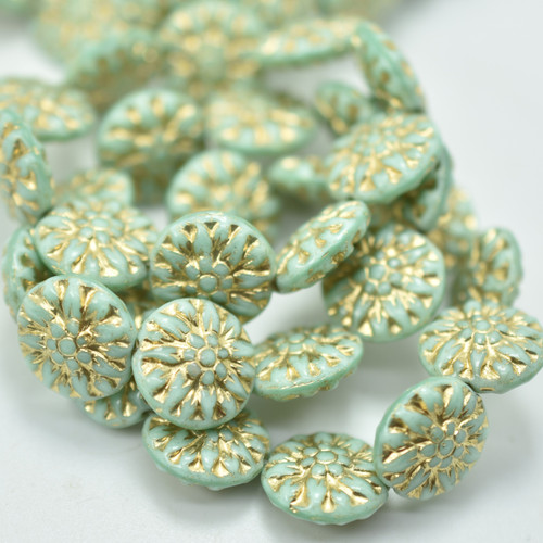 14mm Dahlia Mint Green, Gold Wash (4 Beads) Czech Glass