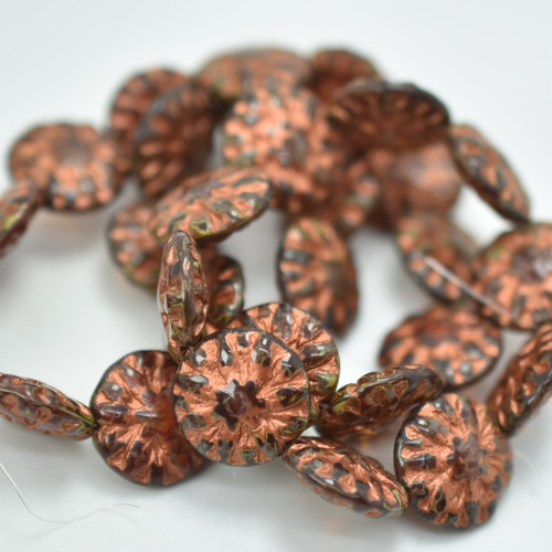 14mm Dahlia Crimson, Yellow, Picasso Copper Wash (4 Beads) Czech Glass