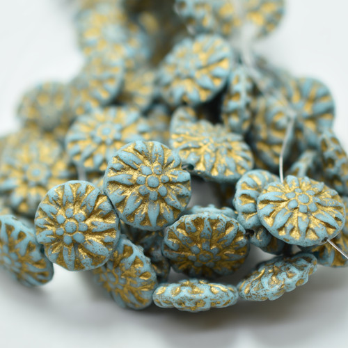 14mm Dahlia, Etched Sky Blue Gold Wash, 4 Beads Czech Glass