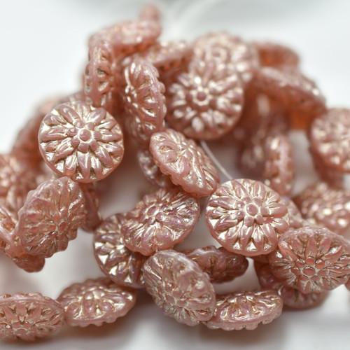14mm Dahlia, Dusty Rose Beige Wash, 4 Beads Czech Glass