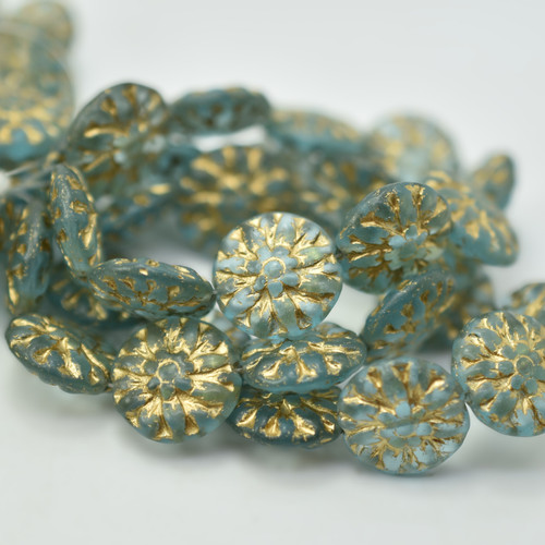 14mm Dahlia, Matte Slate Gold Wash, 4 Beads Czech Glass
