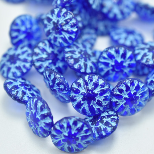 14mm Dahlia Cobalt Blue, Turquoise Wash (4 Beads) Czech Glass