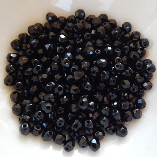 100 Beads - 4mm Fire Polish - Jet Black - Czech Glass