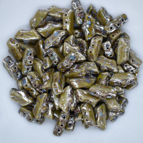 15 Beads - Delos® par Puca® Paris - Opaque Green New Picasso - Czech Glass