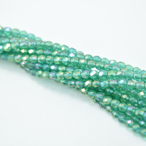 50 Beads - 4mm Fire Polished Round Luster Iris Emerald, Czech Glass