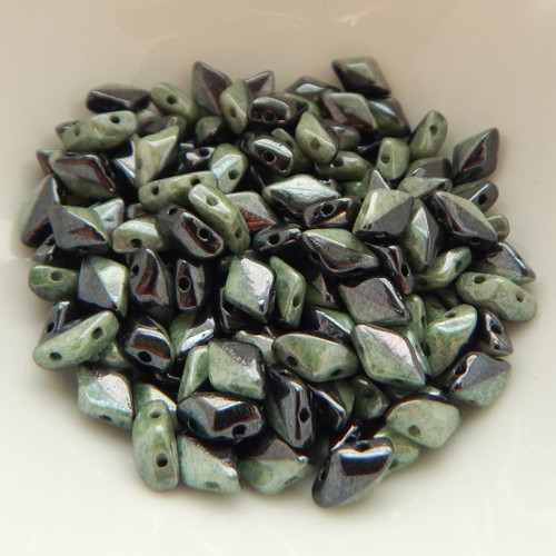 40 Beads - Gemduo Two Hole Beads Duet Black White Green Luster Czech Glass