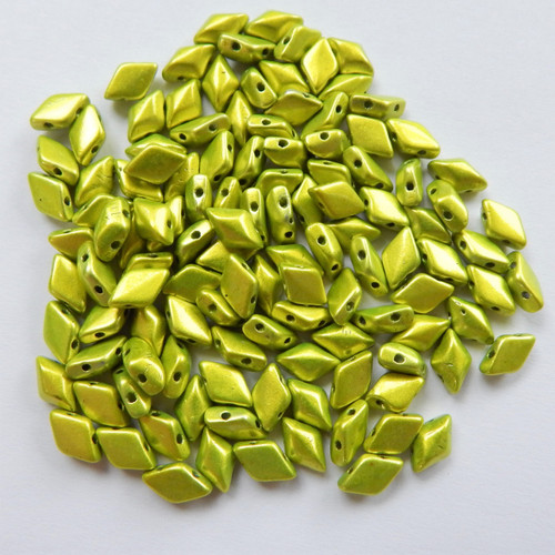 40 Beads - Gemduo Two Hole Diamond shaped Beads Electric Green Metalust Czech Glass