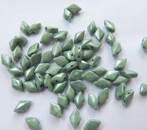 40 Beads - Gemduo Two Hole Beads Alabaster Green Luster - Czech Glass Beads