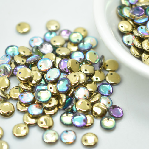 Lentil (50 beads) Top-drilled Golden Rainbow Czech Glass